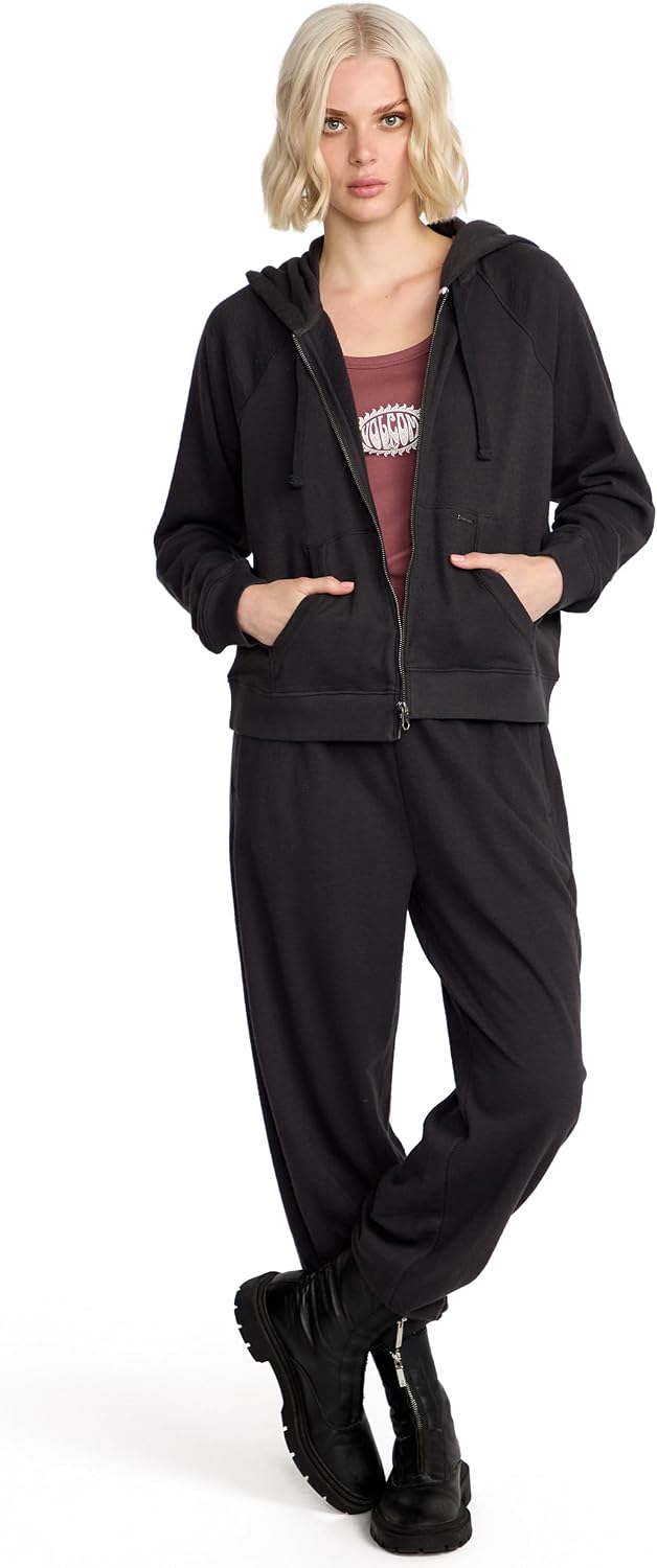 Volcom Women's Lil Zip Up Hooded Fleece Sweatshirt Vinitage Black