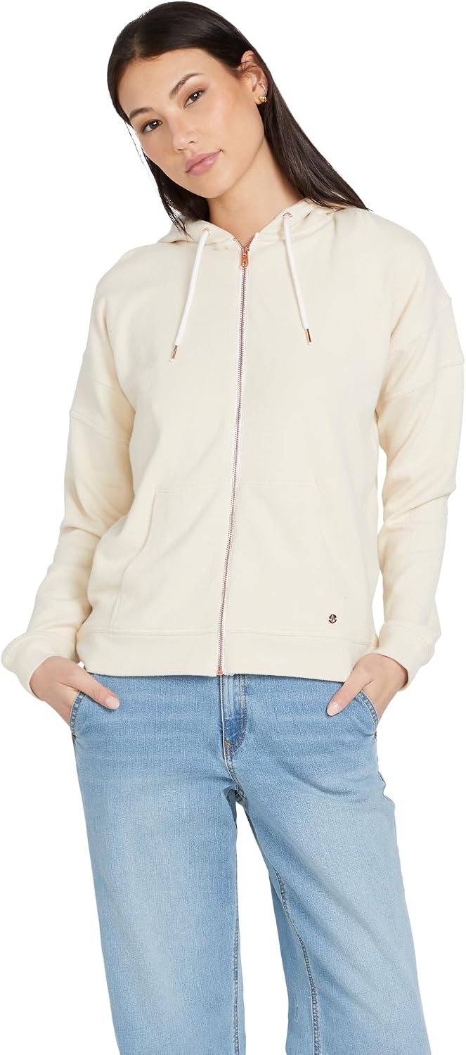Volcom Women's Lil Zip Up Hooded Fleece Sweatshirt Cream White