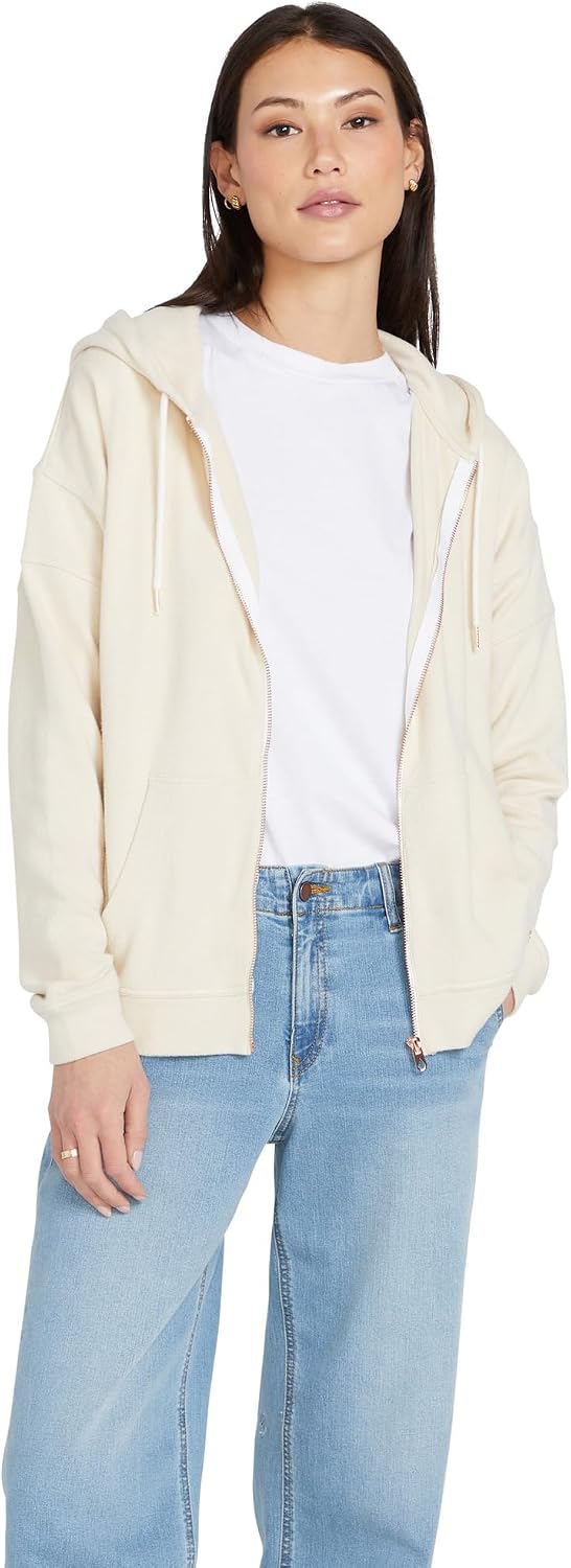 Volcom Women's Lil Zip Up Hooded Fleece Sweatshirt Cream White