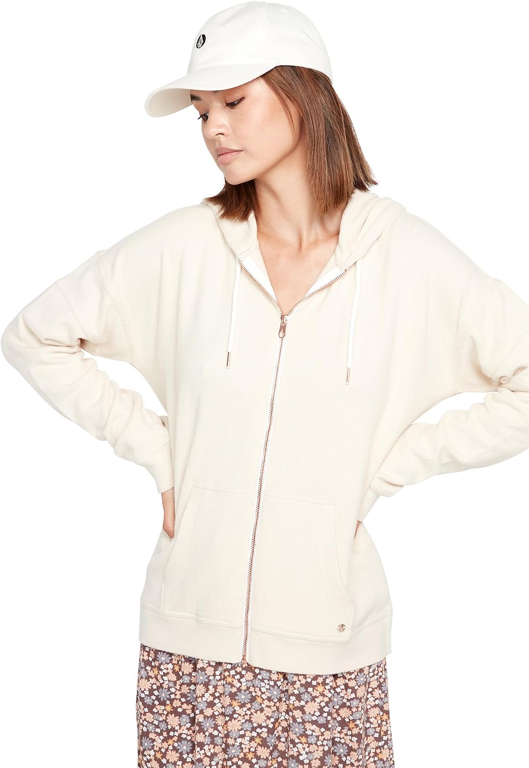 Volcom Women's Lil Zip Up Hooded Fleece Sweatshirt Cream White