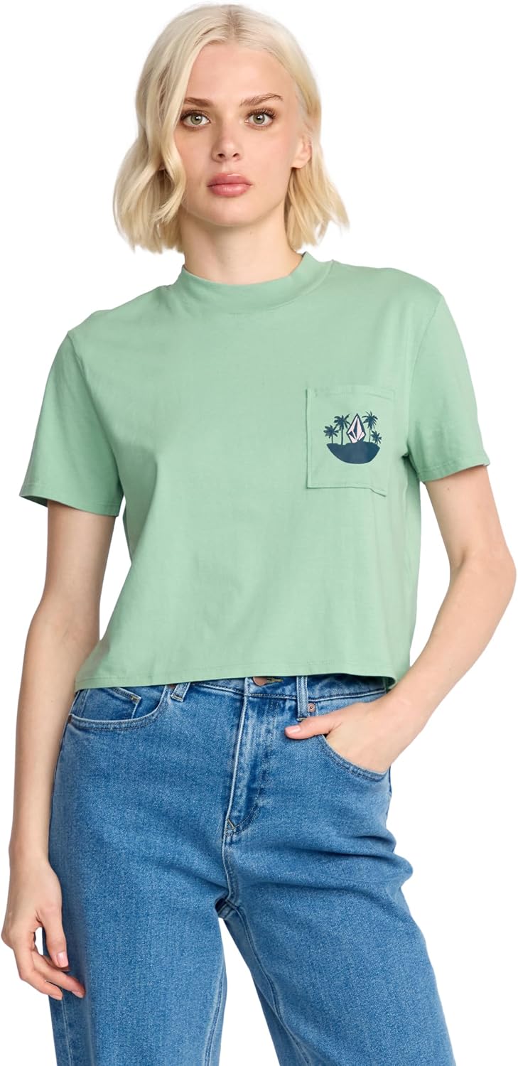 Volcom Women's Short Sleeve Pocket Dial Tee – Crew Neck T-Shirt with Chest Pocket and Screen Print Sea Green