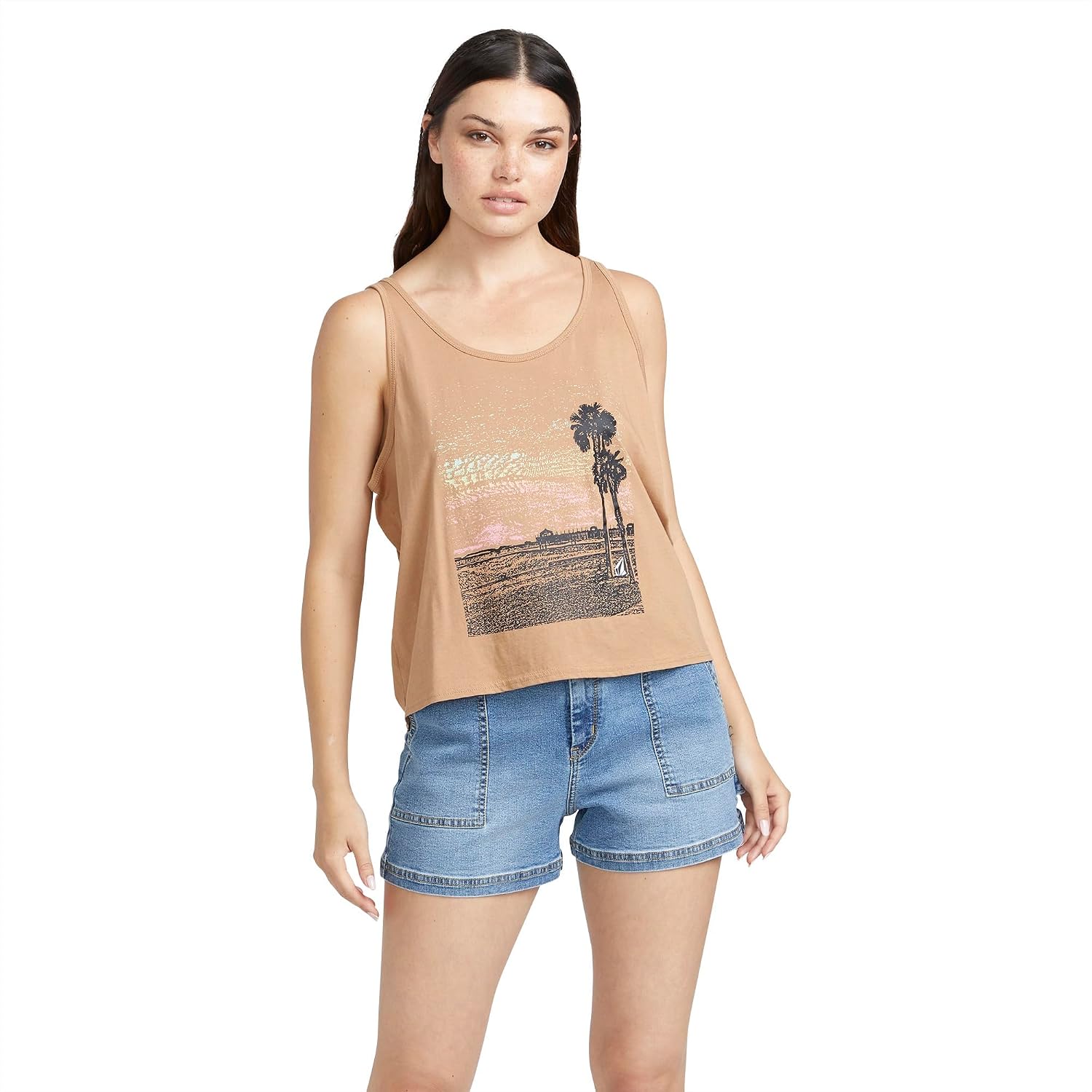 Volcom Women's to The Bank Organic Cotton Graphic Tank Top – Relaxed Boxy Fit, Breezy Summer Style Mocha