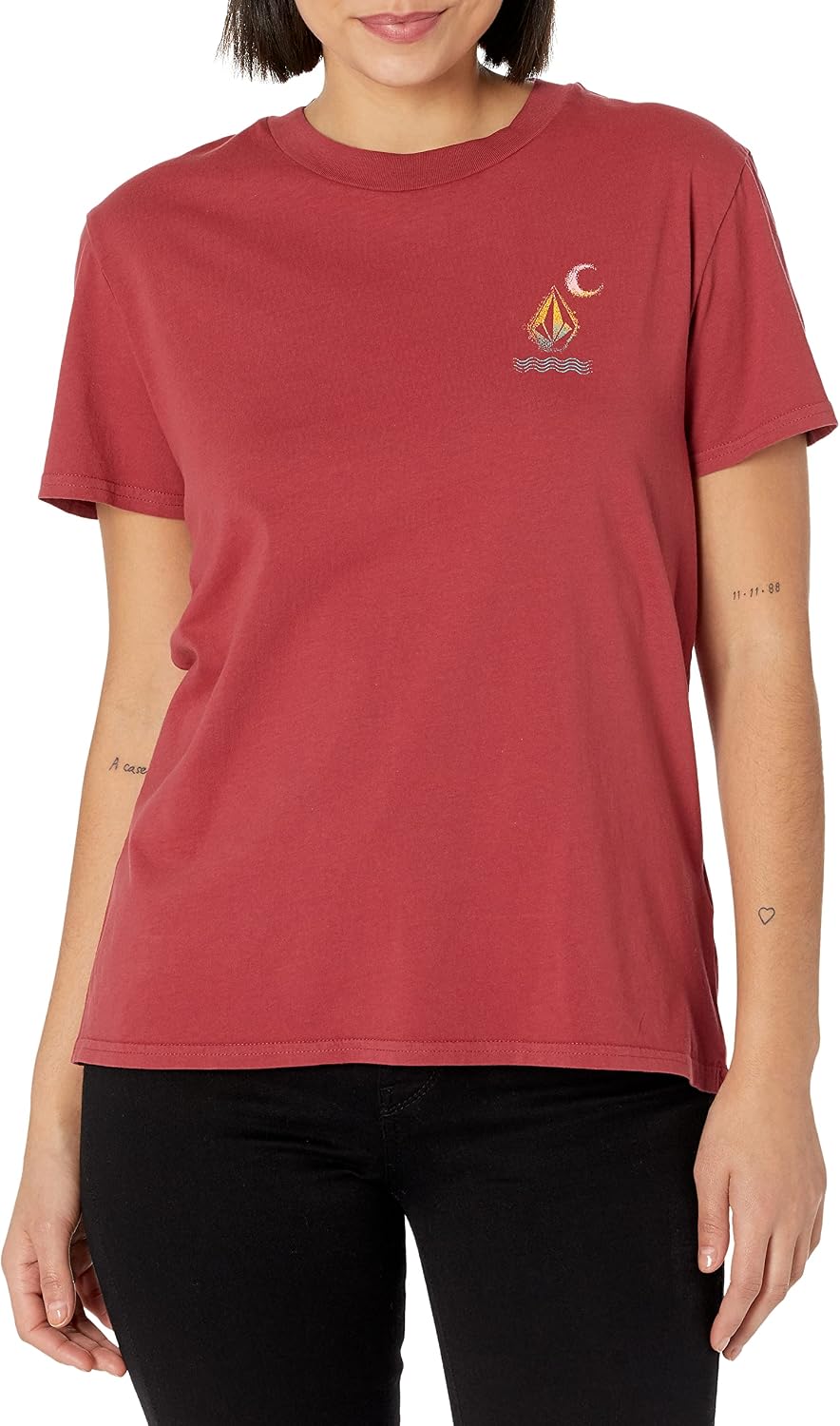 Volcom Women's Lock It Up Short Sleeve Tee – Crew Neck T-Shirt with Striped Neck Taping Bark Brown