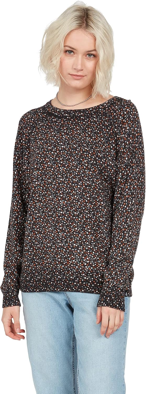 Volcom Women's Over N Out Crew Neck Sweater Black Floral Print