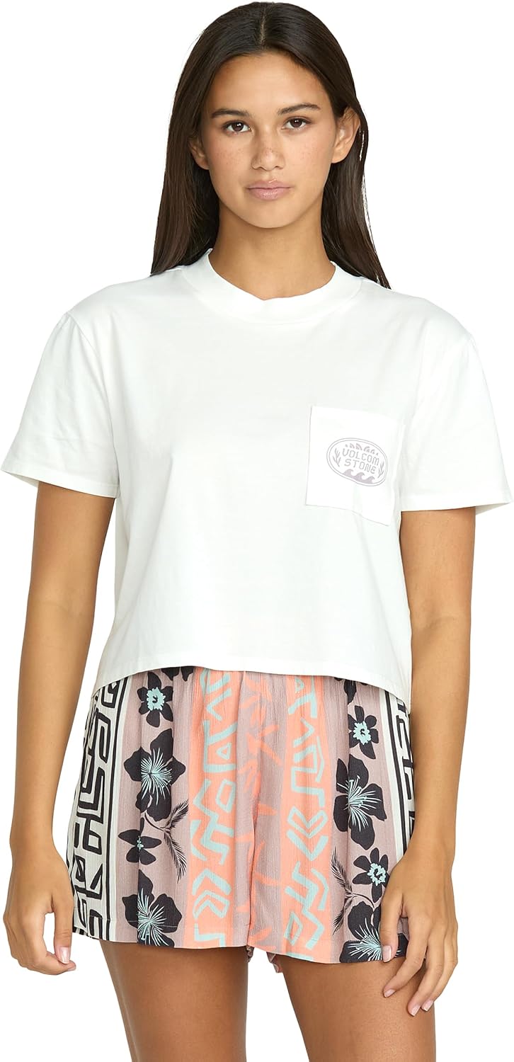 Volcom Women's Short Sleeve Pocket Dial Tee – Crew Neck T-Shirt with Chest Pocket and Screen Print Star WhiteWhte