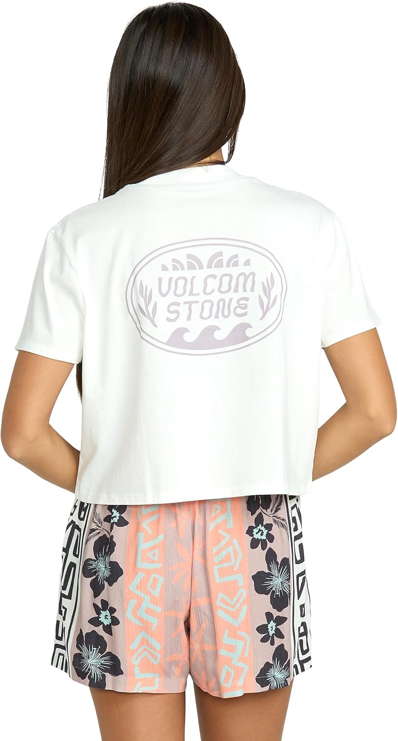 Volcom Women's Short Sleeve Pocket Dial Tee – Crew Neck T-Shirt with Chest Pocket and Screen Print Star WhiteWhte