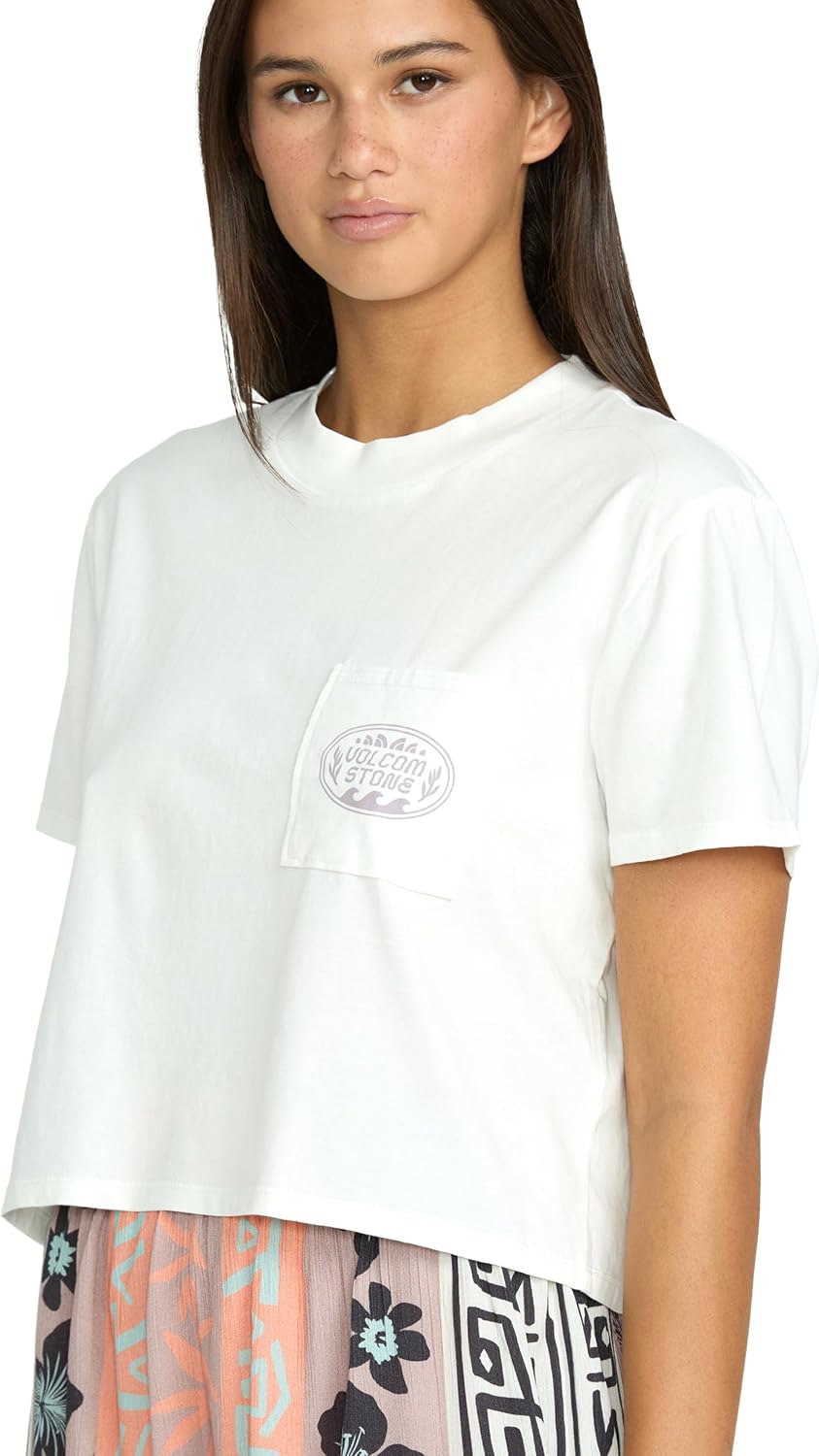 Volcom Women's Short Sleeve Pocket Dial Tee – Crew Neck T-Shirt with Chest Pocket and Screen Print Star WhiteWhte