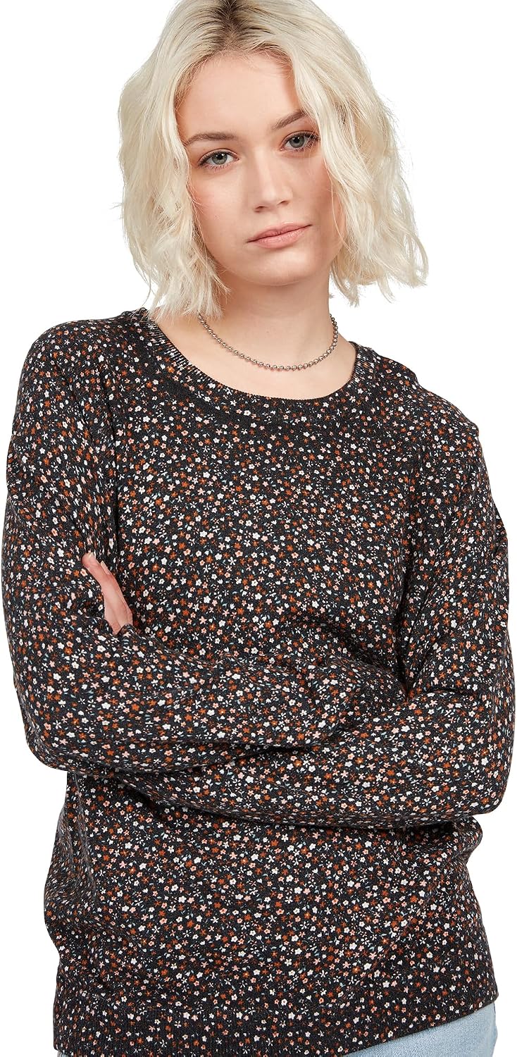 Volcom Women's Over N Out Crew Neck Sweater Black Floral Print