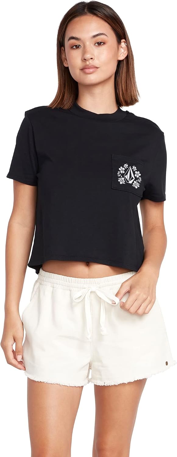 Volcom Women's Short Sleeve Pocket Dial Tee – Crew Neck T-Shirt with Chest Pocket and Screen Print Jet