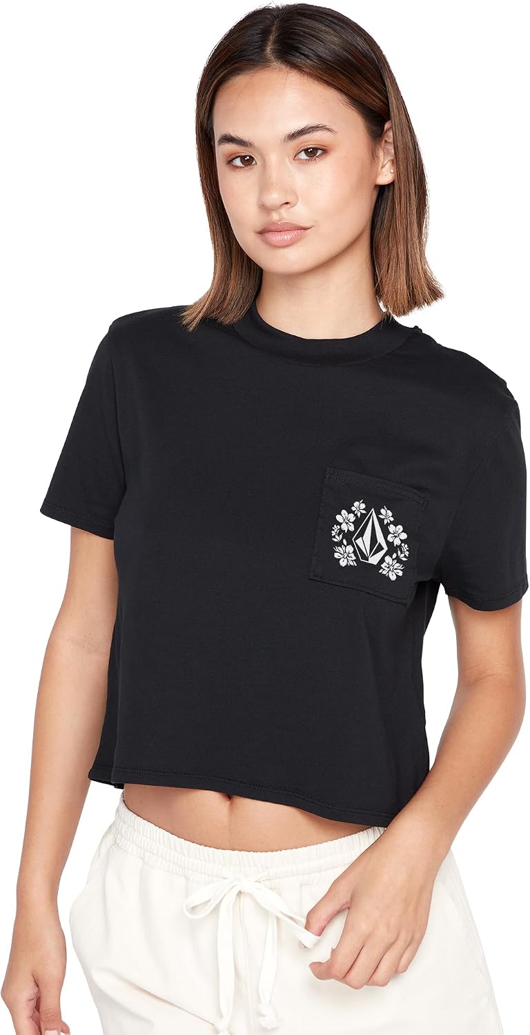 Volcom Women's Short Sleeve Pocket Dial Tee – Crew Neck T-Shirt with Chest Pocket and Screen Print Jet
