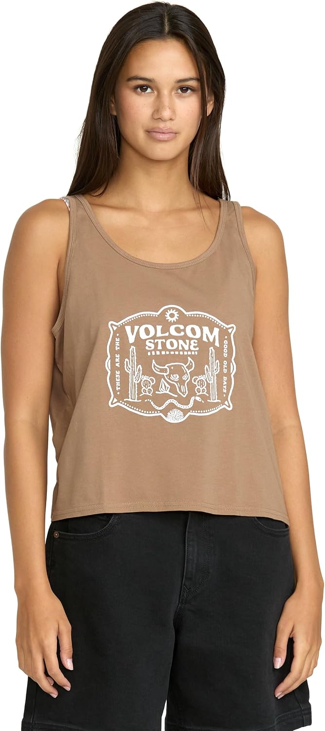 Volcom Women's to The Bank Organic Cotton Graphic Tank Top – Relaxed Boxy Fit, Breezy Summer Style Hazelnut