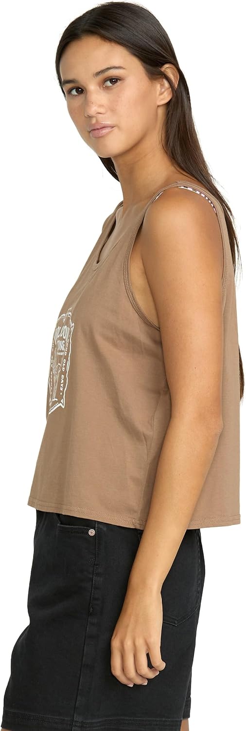 Volcom Women's to The Bank Organic Cotton Graphic Tank Top – Relaxed Boxy Fit, Breezy Summer Style Hazelnut