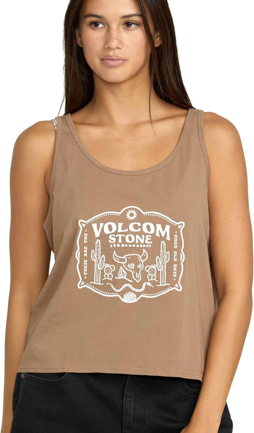 Volcom Women's to The Bank Organic Cotton Graphic Tank Top – Relaxed Boxy Fit, Breezy Summer Style Hazelnut