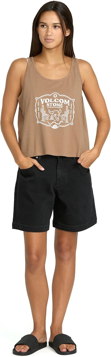 Volcom Women's to The Bank Organic Cotton Graphic Tank Top – Relaxed Boxy Fit, Breezy Summer Style Hazelnut