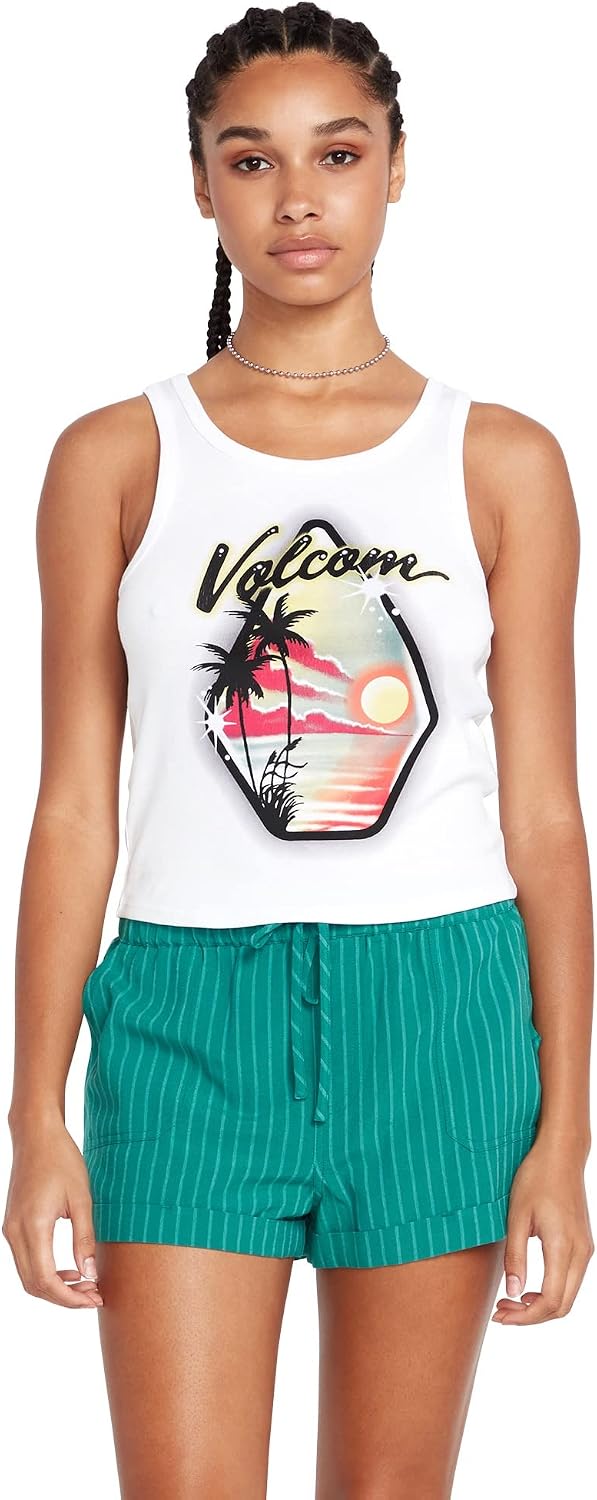 Volcom Women's to The Bank Organic Cotton Graphic Tank Top – Relaxed Boxy Fit, Breezy Summer Style White White