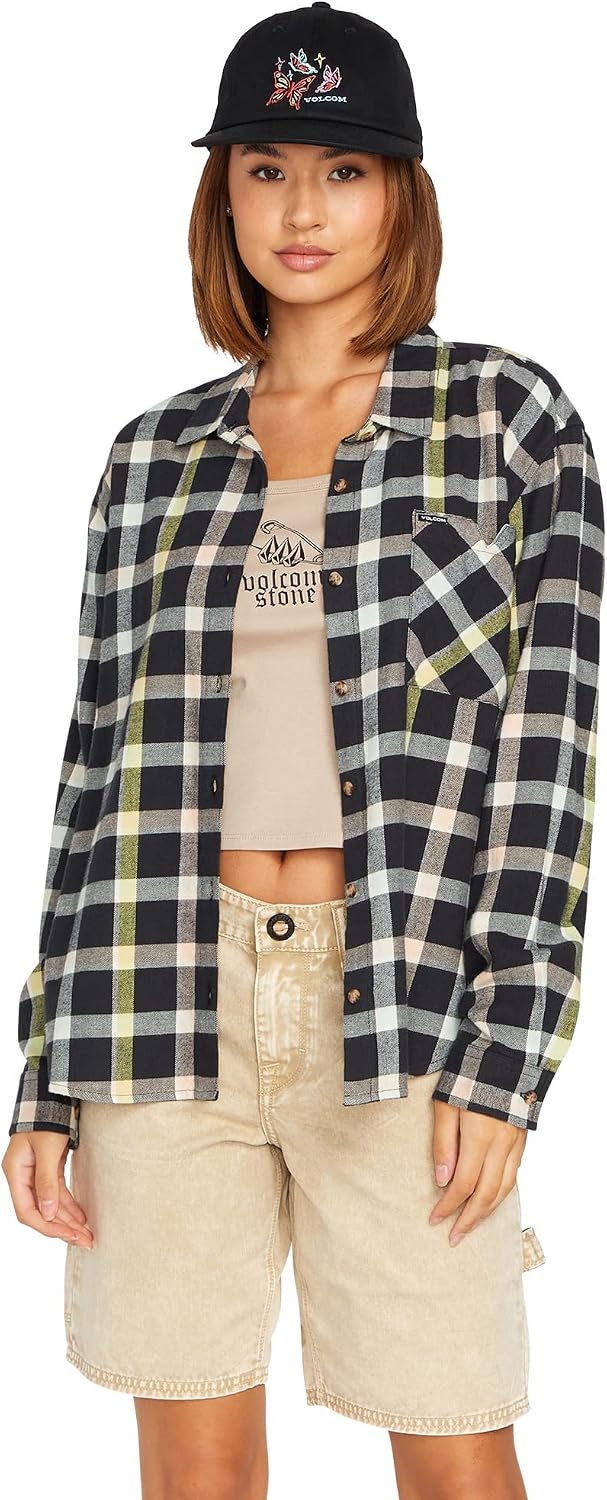 Volcom Women's Plaid to Meet U Long Sleeve Flannel Shirt Multi