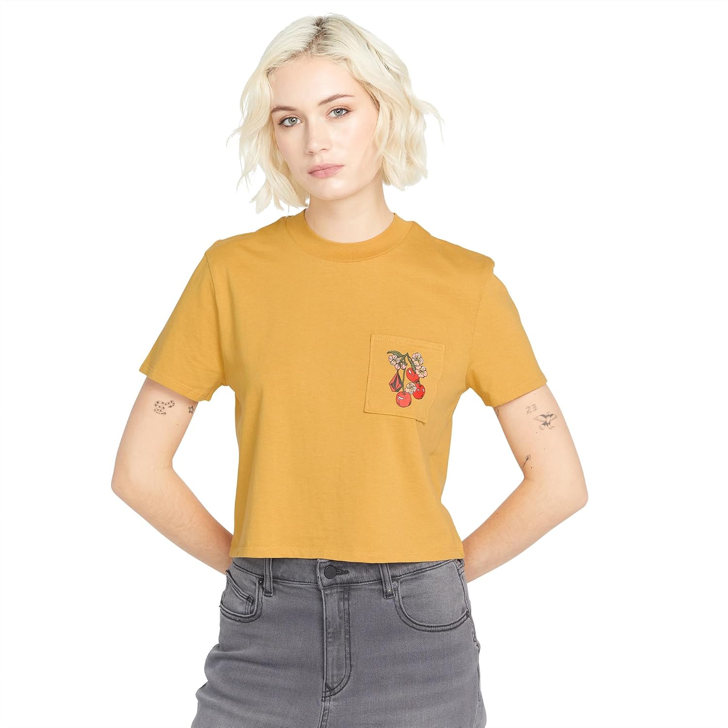 Volcom Women's Short Sleeve Pocket Dial Tee – Crew Neck T-Shirt with Chest Pocket and Screen Print Dijon