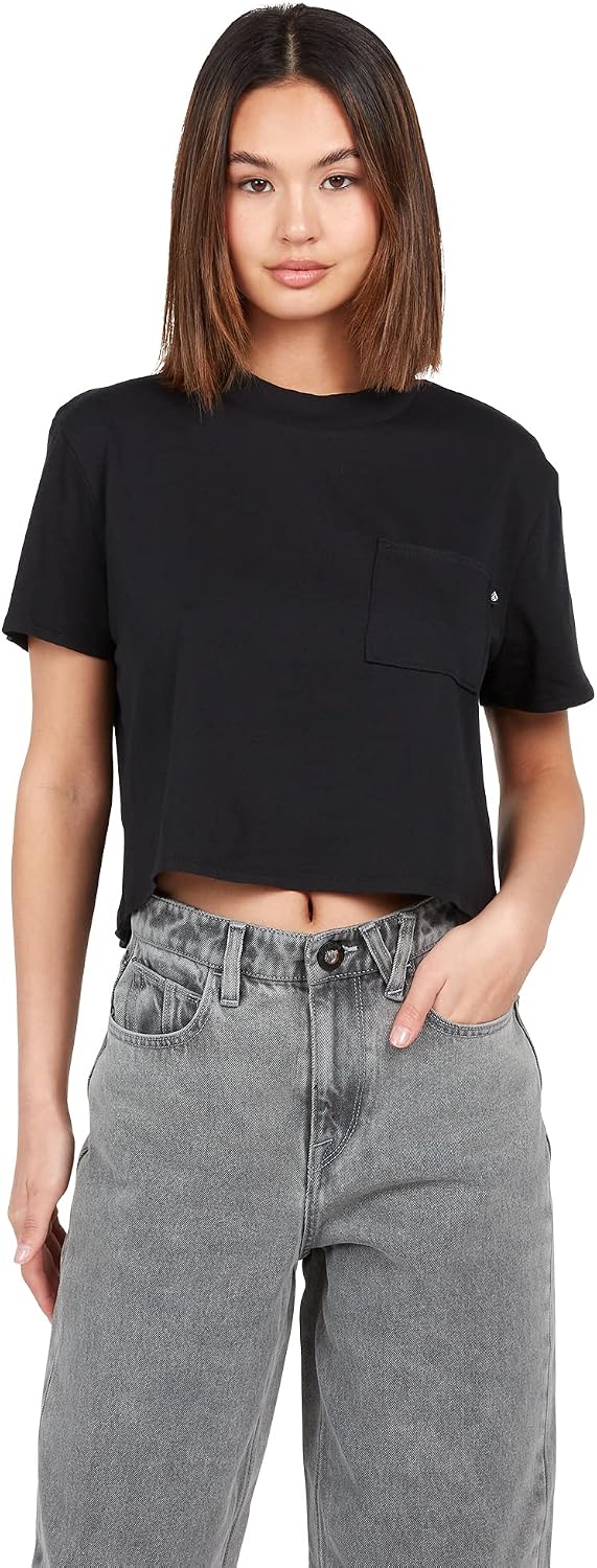 Volcom Women's Short Sleeve Pocket Dial Tee – Crew Neck T-Shirt with Chest Pocket and Screen Print Blackout