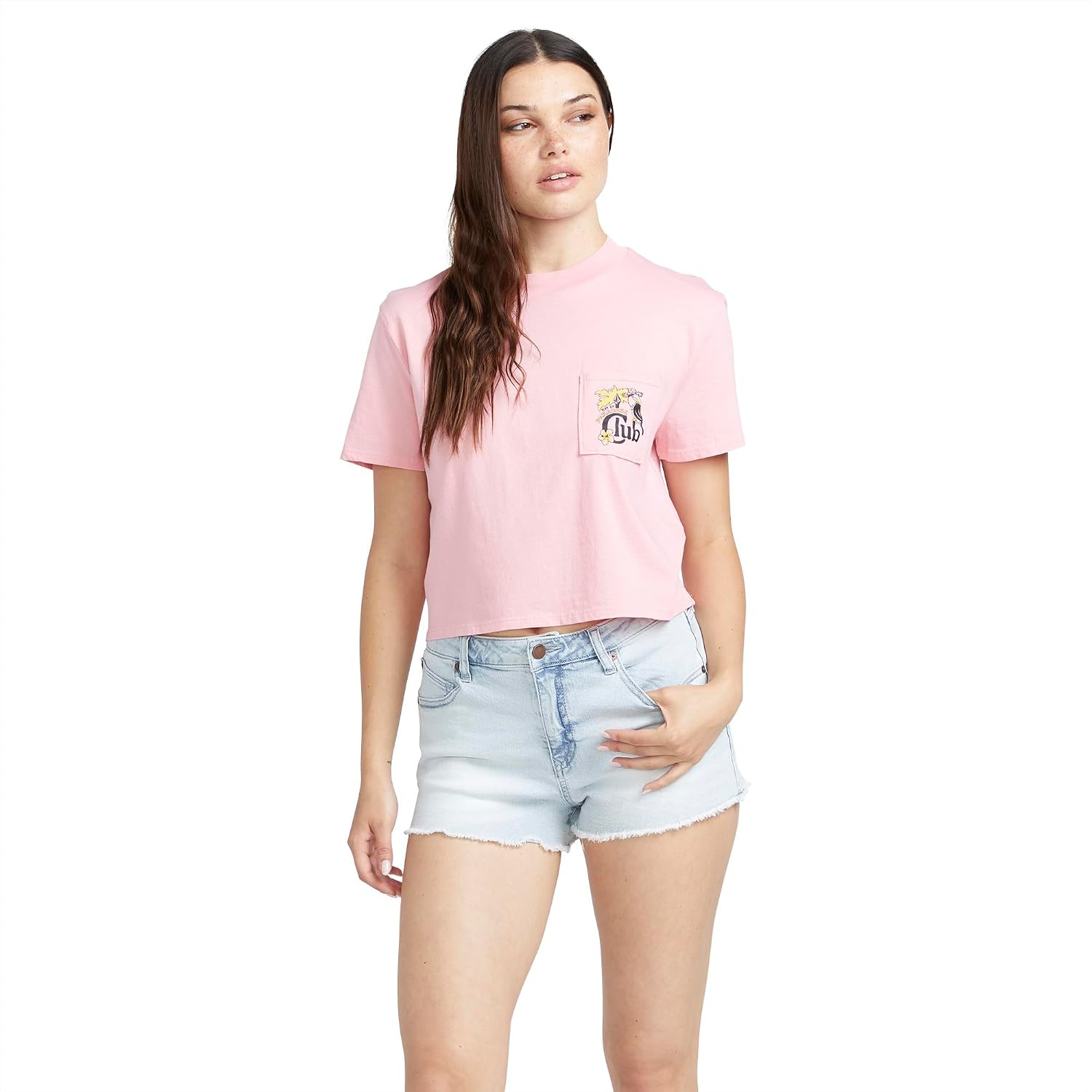 Volcom Women's Short Sleeve Pocket Dial Tee – Crew Neck T-Shirt with Chest Pocket and Screen Print Guava