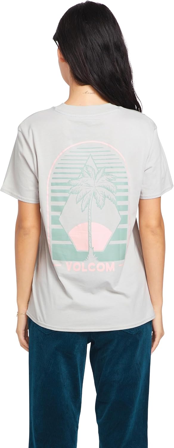 Volcom Women's Lock It Up Short Sleeve Tee – Crew Neck T-Shirt with Striped Neck Taping Light Grey Grey