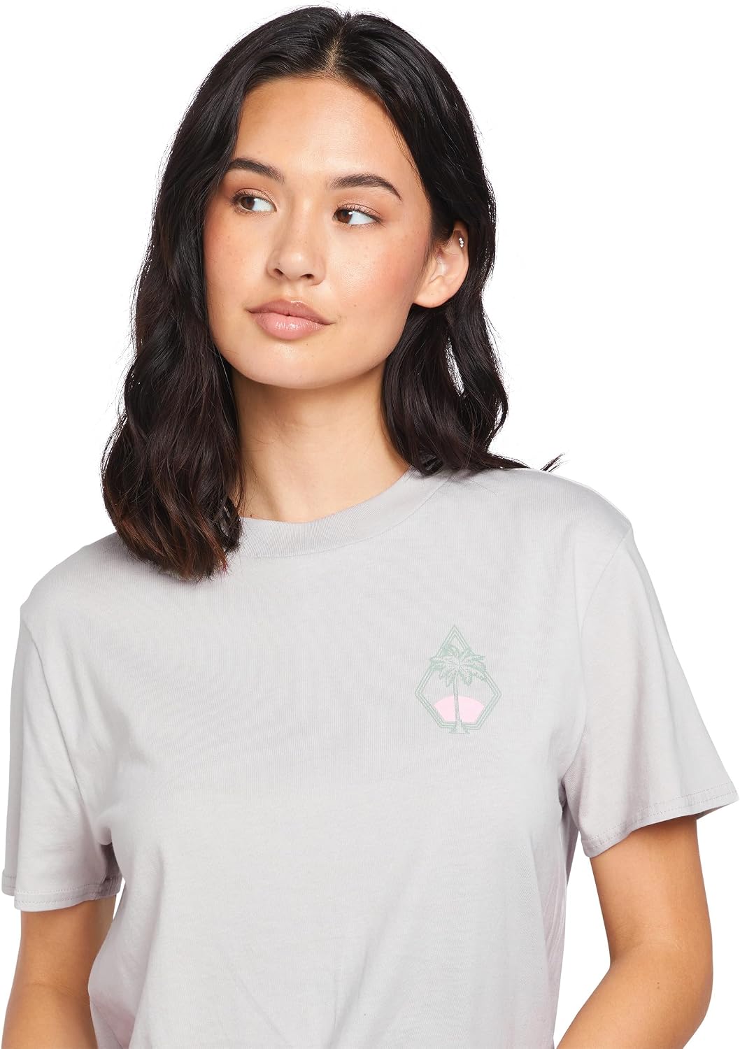 Volcom Women's Lock It Up Short Sleeve Tee – Crew Neck T-Shirt with Striped Neck Taping Light Grey Grey