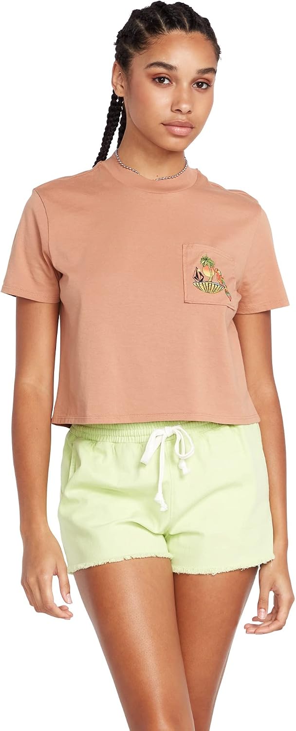Volcom Women's Short Sleeve Pocket Dial Tee – Crew Neck T-Shirt with Chest Pocket and Screen Print Clay