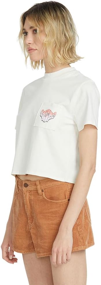Volcom Women's Short Sleeve Pocket Dial Tee – Crew Neck T-Shirt with Chest Pocket and Screen Print Bone White
