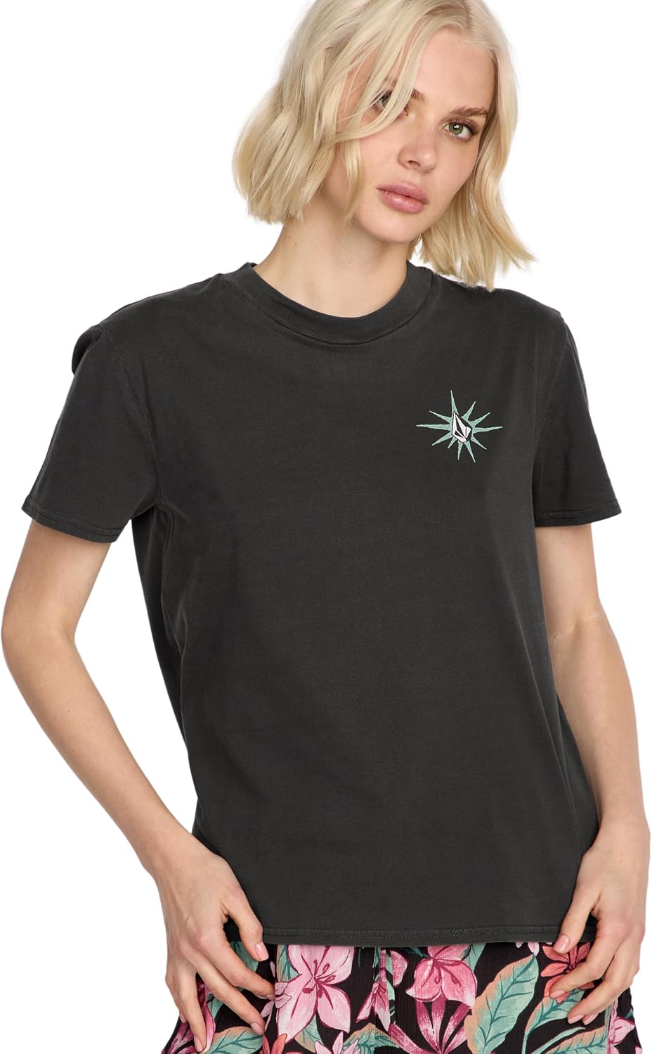 Volcom Women's Lock It Up Short Sleeve Tee – Crew Neck T-Shirt with Striped Neck Taping Vintage Black