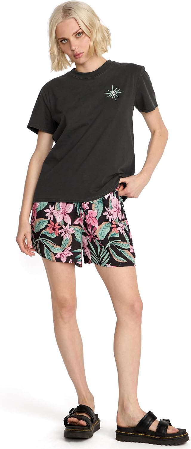 Volcom Women's Lock It Up Short Sleeve Tee – Crew Neck T-Shirt with Striped Neck Taping Vintage Black