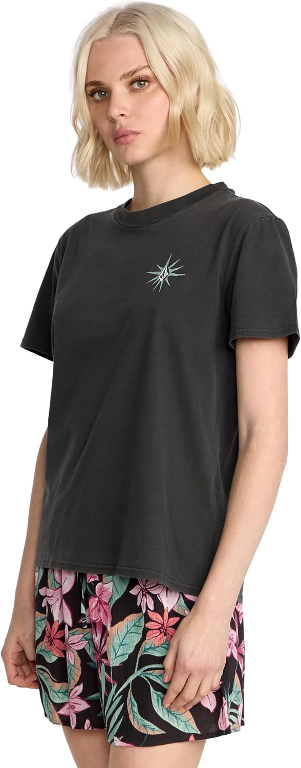 Volcom Women's Lock It Up Short Sleeve Tee – Crew Neck T-Shirt with Striped Neck Taping Vintage Black