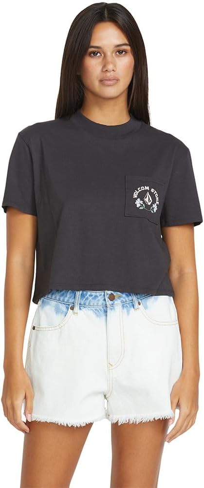 Volcom Women's Short Sleeve Pocket Dial Tee – Crew Neck T-Shirt with Chest Pocket and Screen Print Vintage Jet