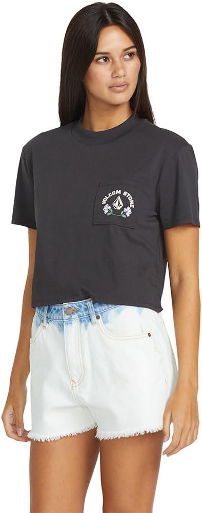 Volcom Women's Short Sleeve Pocket Dial Tee – Crew Neck T-Shirt with Chest Pocket and Screen Print Vintage Jet