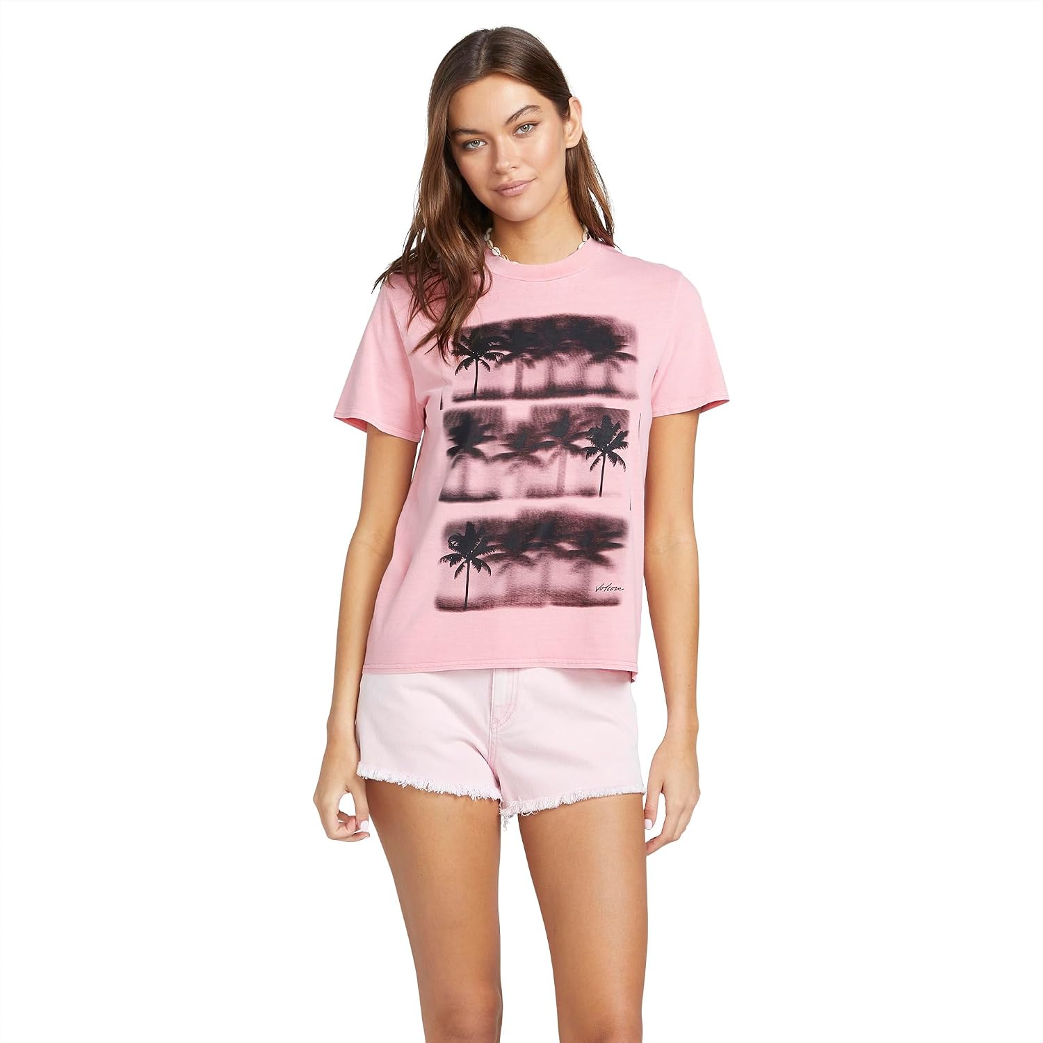 Volcom Women's Lock It Up Short Sleeve Tee – Crew Neck T-Shirt with Striped Neck Taping Guava