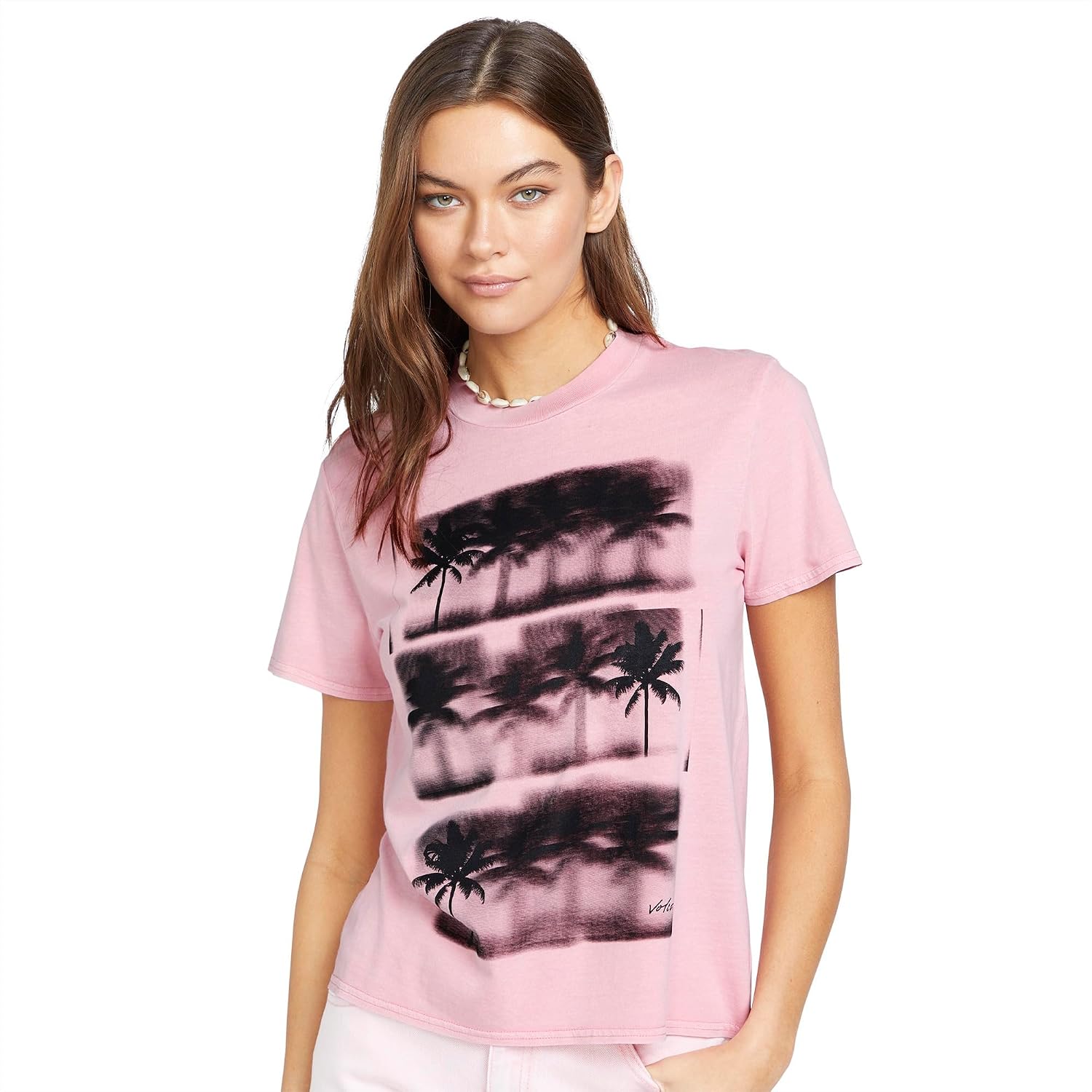 Volcom Women's Lock It Up Short Sleeve Tee – Crew Neck T-Shirt with Striped Neck Taping Guava
