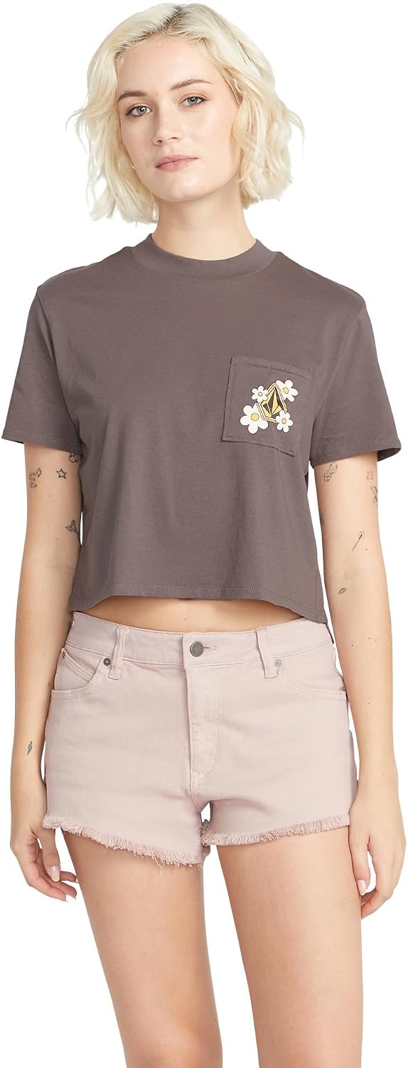 Volcom Women's Short Sleeve Pocket Dial Tee – Crew Neck T-Shirt with Chest Pocket and Screen Print Slate Grey Grey