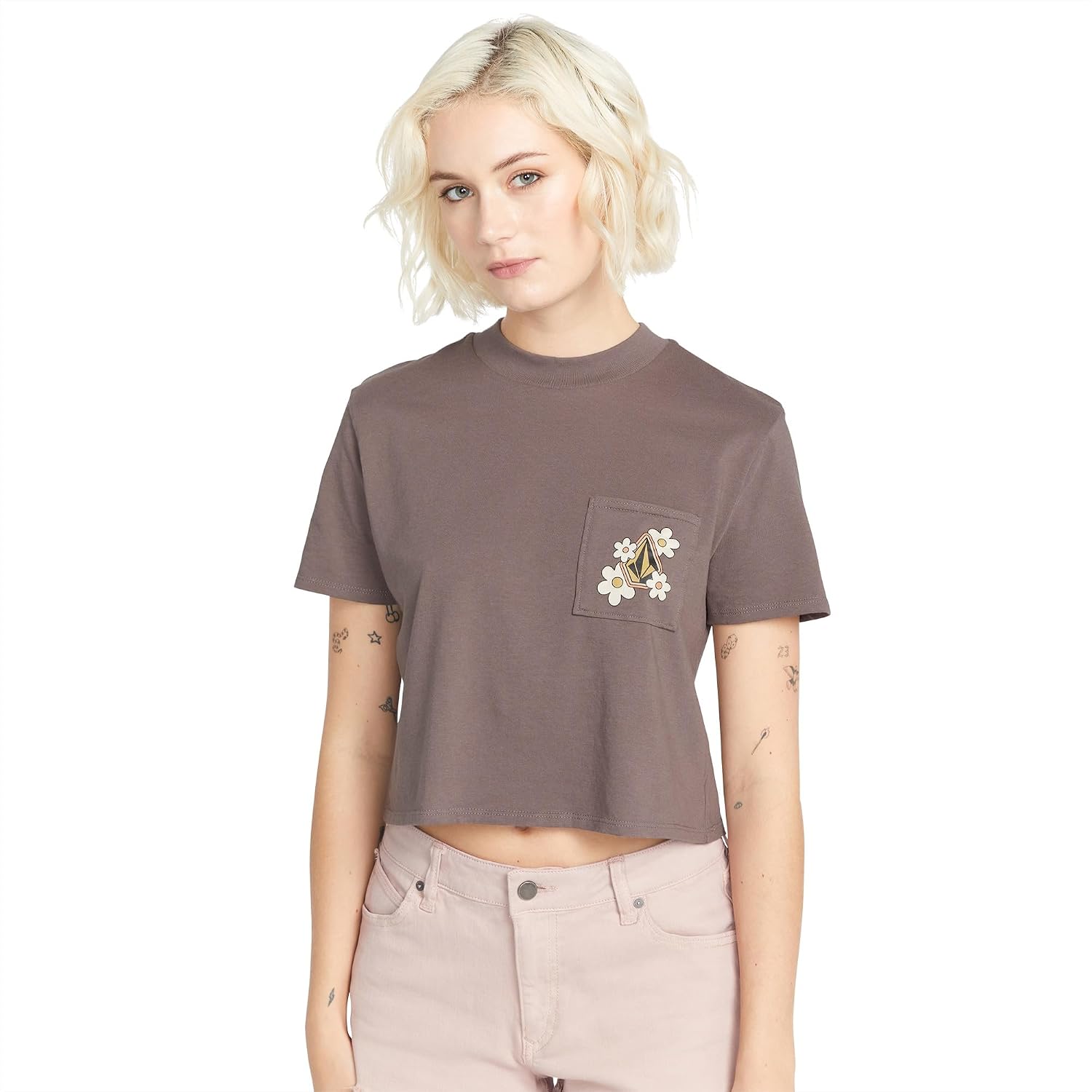 Volcom Women's Short Sleeve Pocket Dial Tee – Crew Neck T-Shirt with Chest Pocket and Screen Print Slate Grey Grey