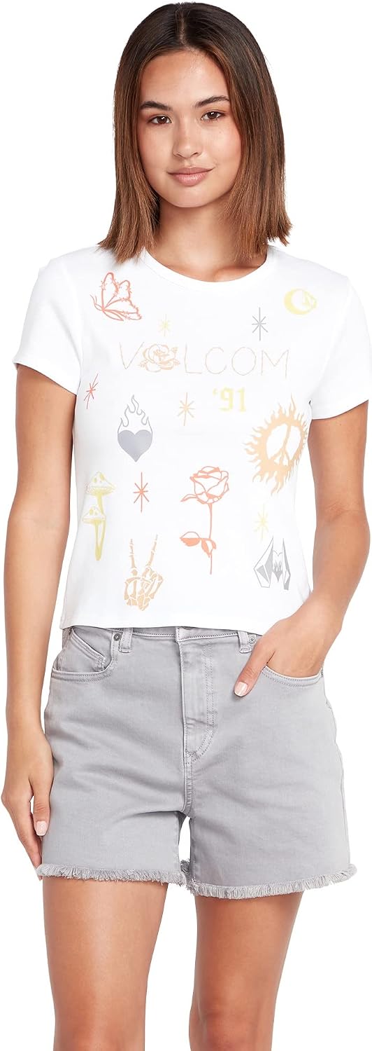 Volcom Women's Have a Clue Short Sleeve Tee – Fitted T-Shirt with Striped Neck Taping White