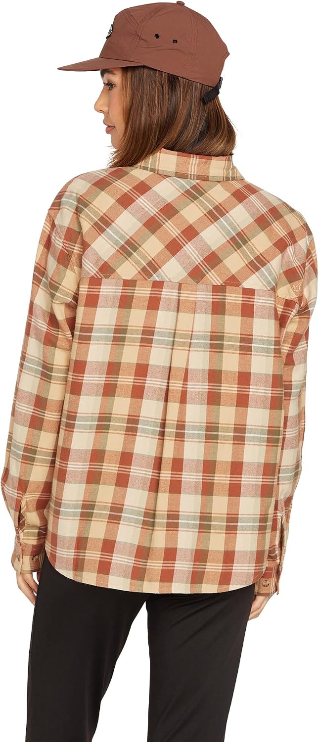 Volcom Women's Plaid to Meet U Long Sleeve Flannel Shirt Dark Clay