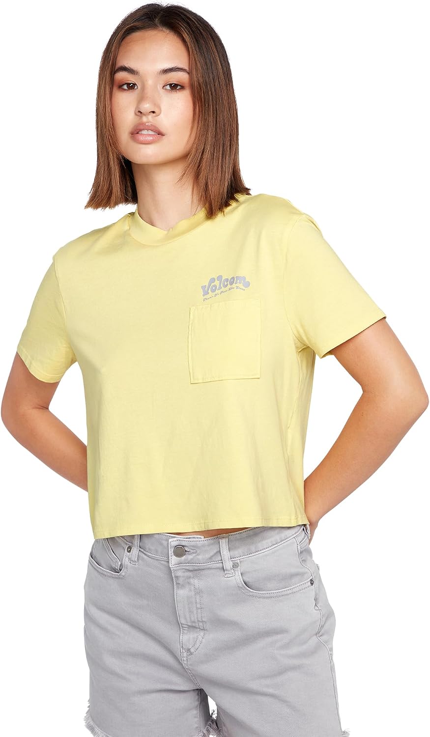 Volcom Women's Short Sleeve Pocket Dial Tee – Crew Neck T-Shirt with Chest Pocket and Screen Print Citron