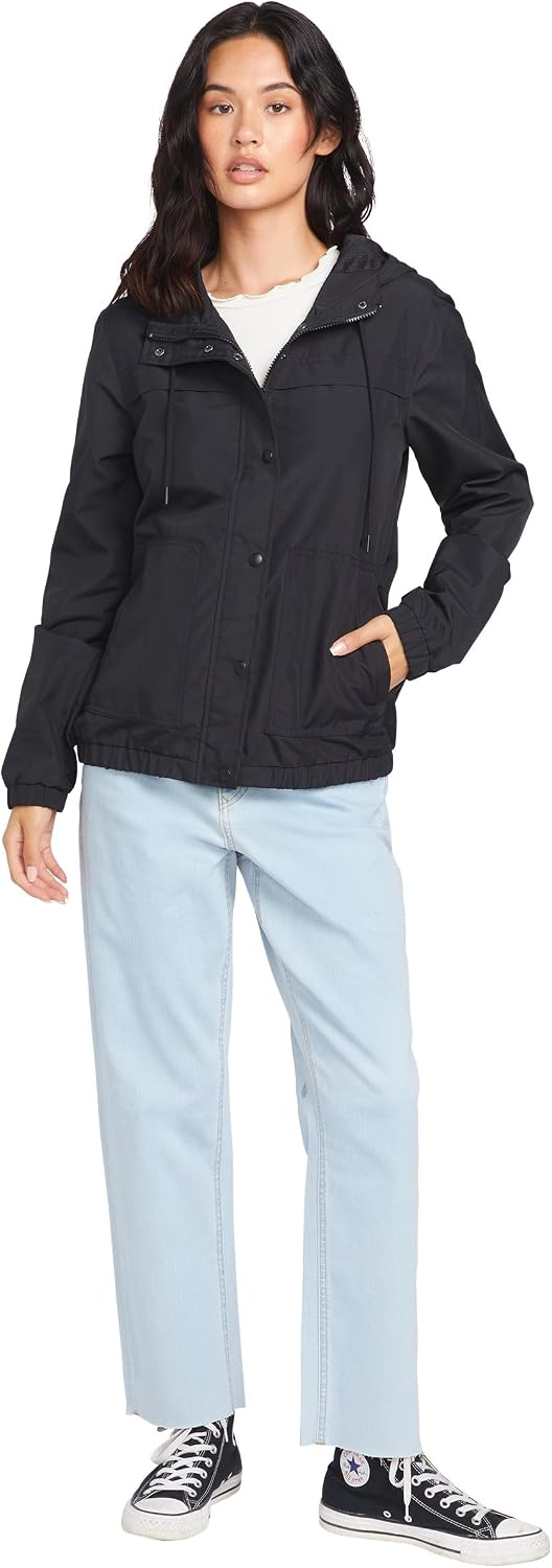 Volcom Women's Enemy Stone Hooded Zip Front Windbreaker Jacket Black 1