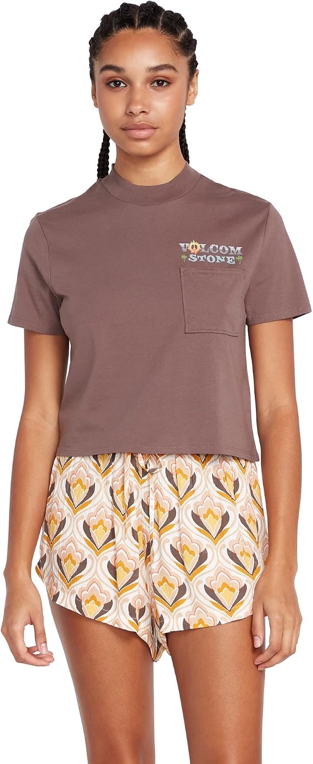 Volcom Women's Short Sleeve Pocket Dial Tee – Crew Neck T-Shirt with Chest Pocket and Screen Print Slate Grey