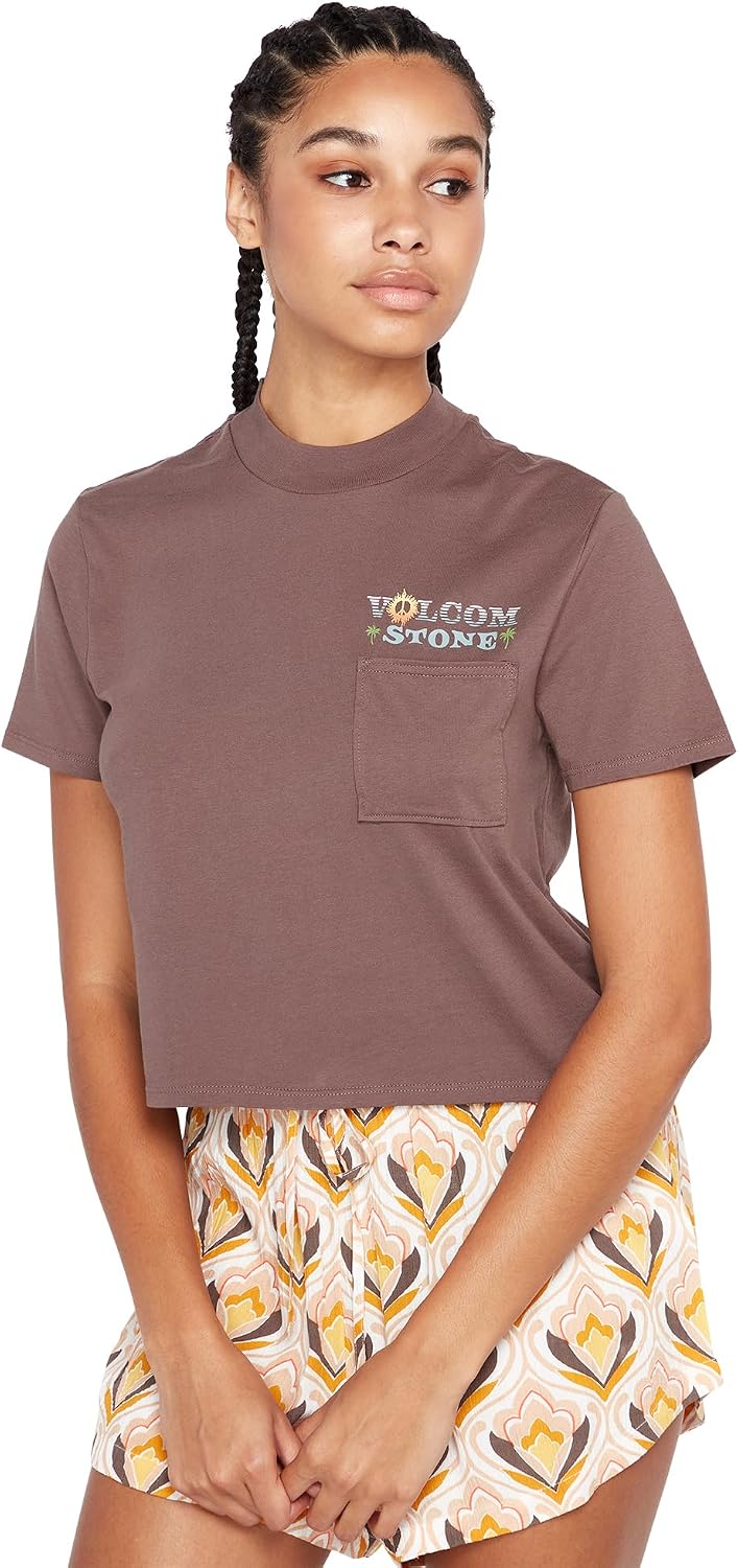 Volcom Women's Short Sleeve Pocket Dial Tee – Crew Neck T-Shirt with Chest Pocket and Screen Print Slate Grey