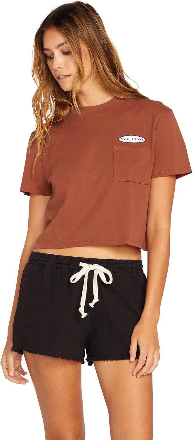 Volcom Women's Short Sleeve Pocket Dial Tee – Crew Neck T-Shirt with Chest Pocket and Screen Print Dark Clay Red