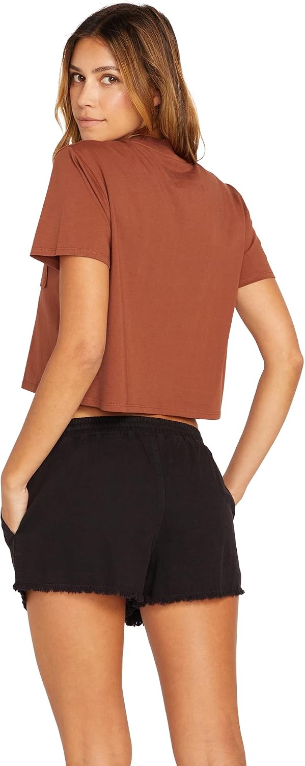 Volcom Women's Short Sleeve Pocket Dial Tee – Crew Neck T-Shirt with Chest Pocket and Screen Print Dark Clay Red