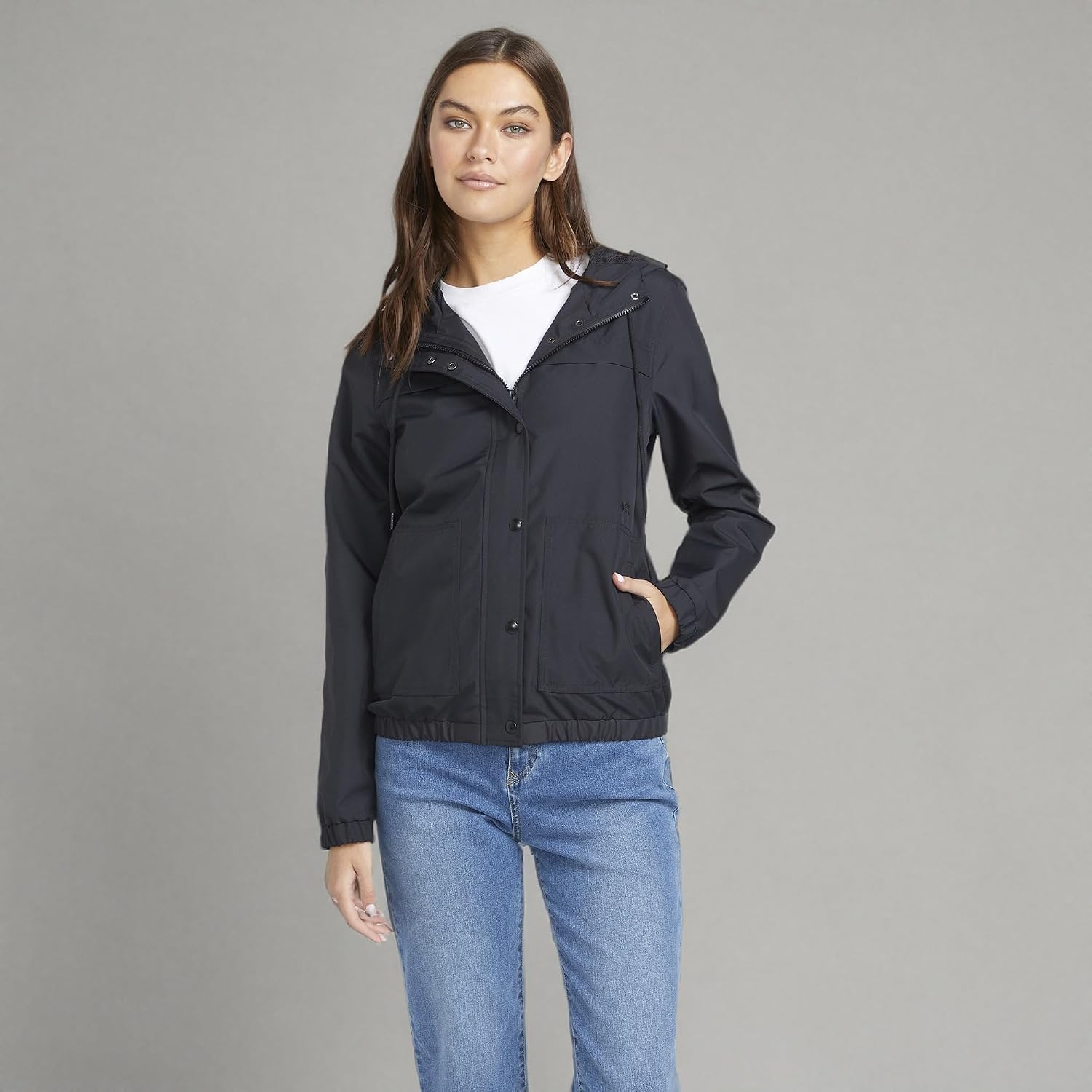 Volcom Women's Enemy Stone Hooded Zip Front Windbreaker Jacket Black 1