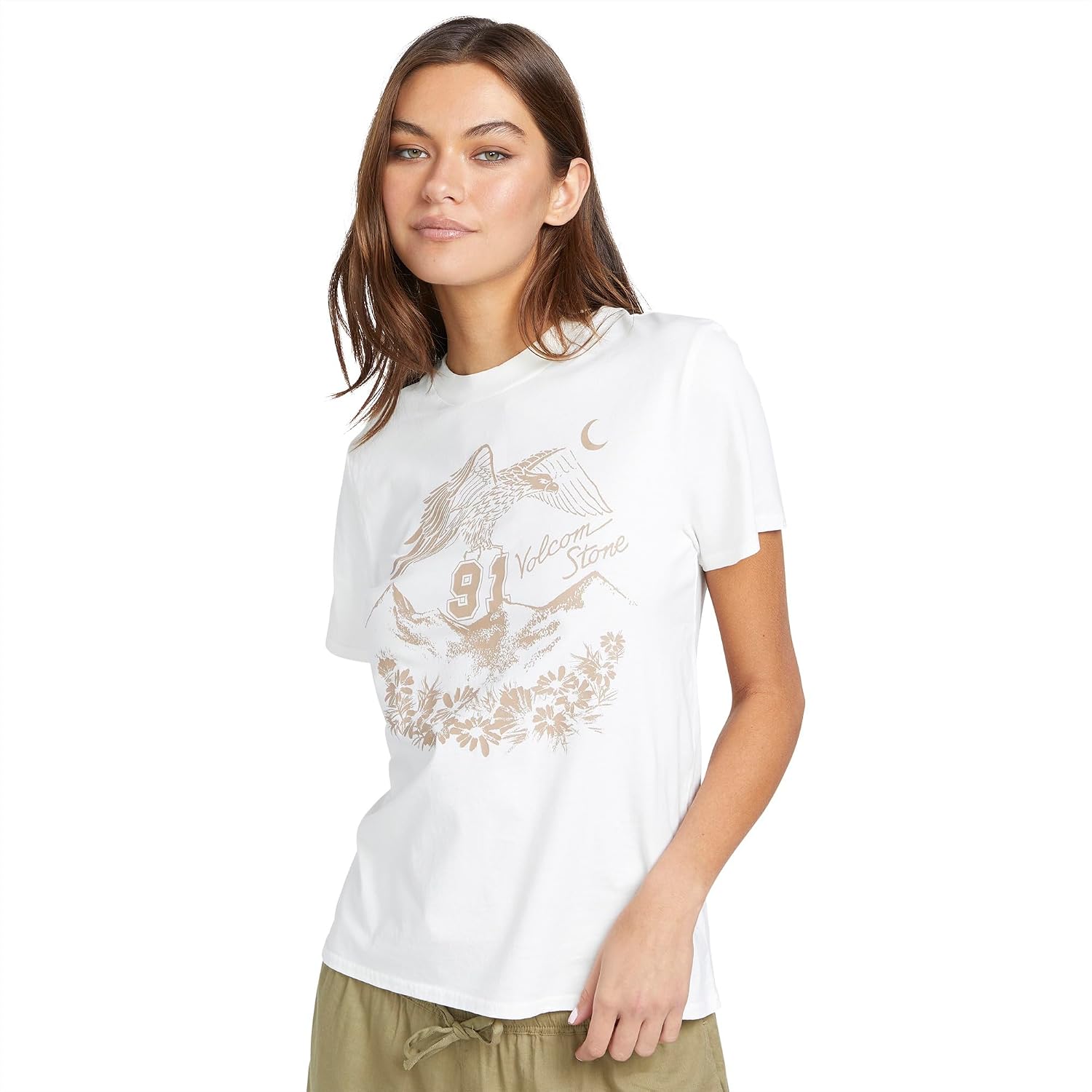 Volcom Women's Lock It Up Short Sleeve Tee – Crew Neck T-Shirt with Striped Neck Taping Star White White