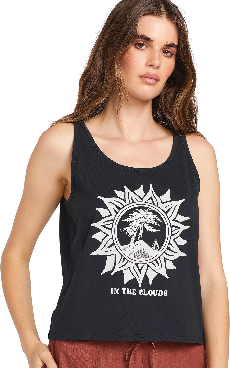 Volcom Women's to The Bank Organic Cotton Graphic Tank Top – Relaxed Boxy Fit, Breezy Summer Style Black White