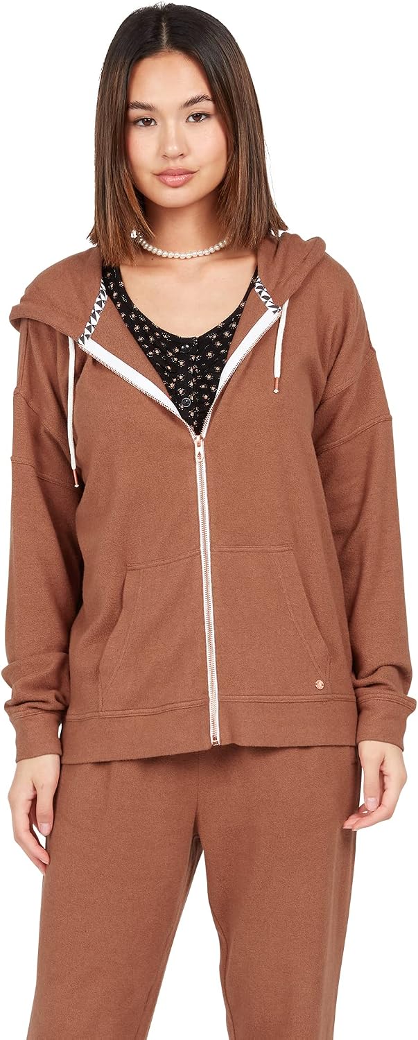 Volcom Women's Lil Zip Up Hooded Fleece Sweatshirt Dark Clay