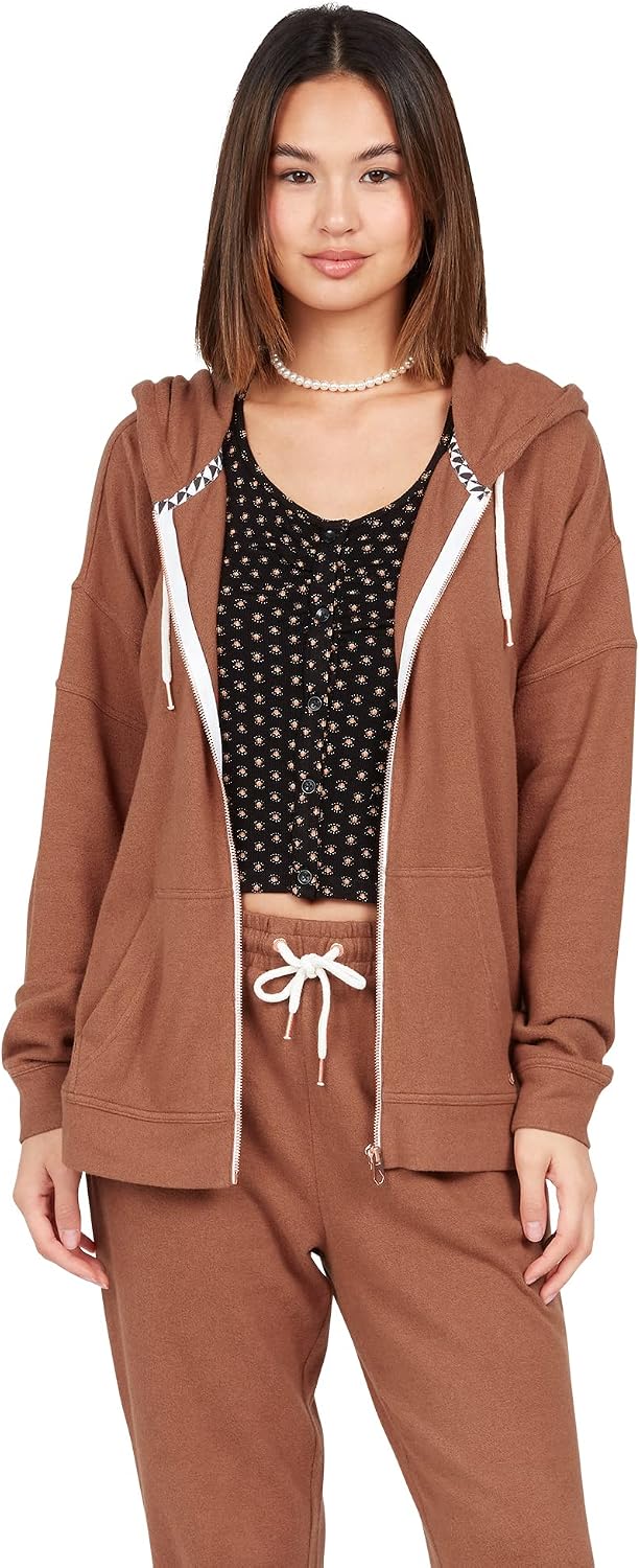 Volcom Women's Lil Zip Up Hooded Fleece Sweatshirt Dark Clay