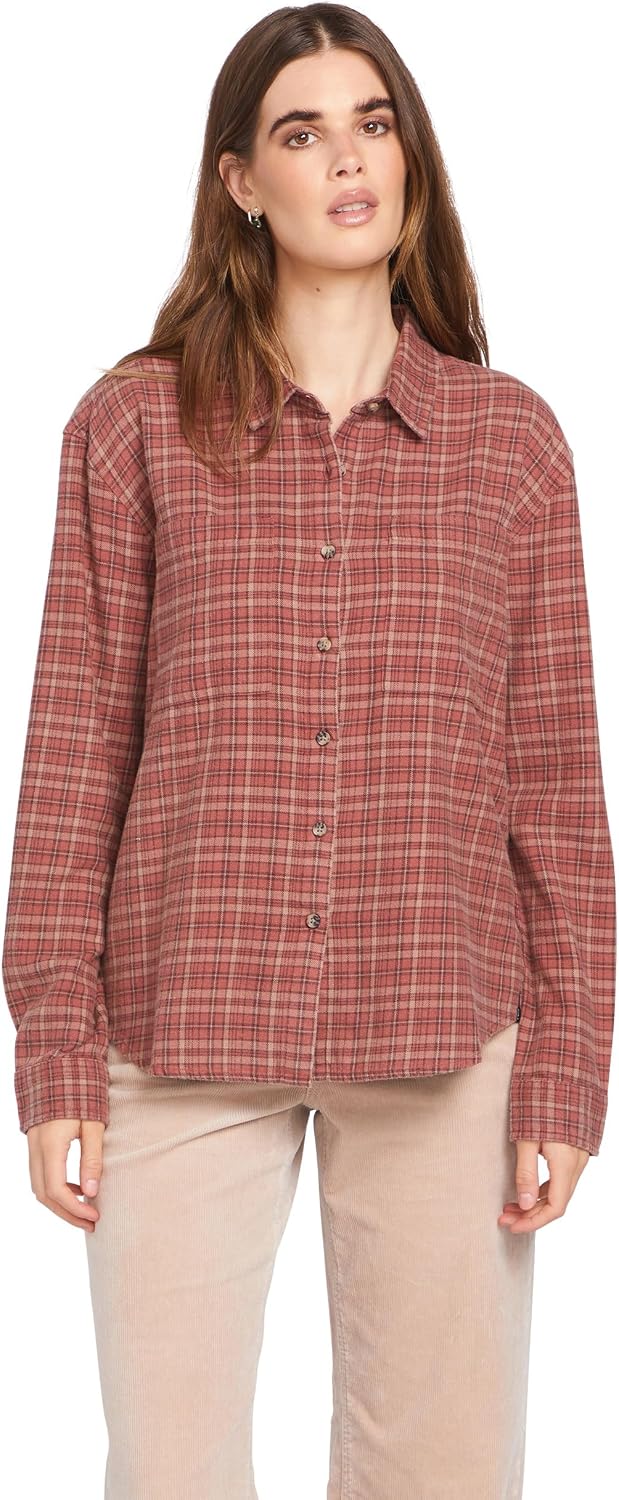 Volcom Women's Plaid to Meet U Long Sleeve Flannel Shirt Chestnut Brown